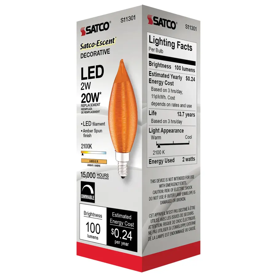 2 Watt CA11 LED Filament - Satin Spun Amber - Candelabra base - 2100K - 120 Volt - Image 7