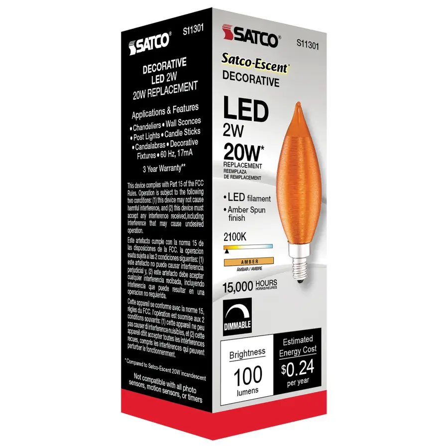 2 Watt CA11 LED Filament - Satin Spun Amber - Candelabra base - 2100K - 120 Volt - Image 8