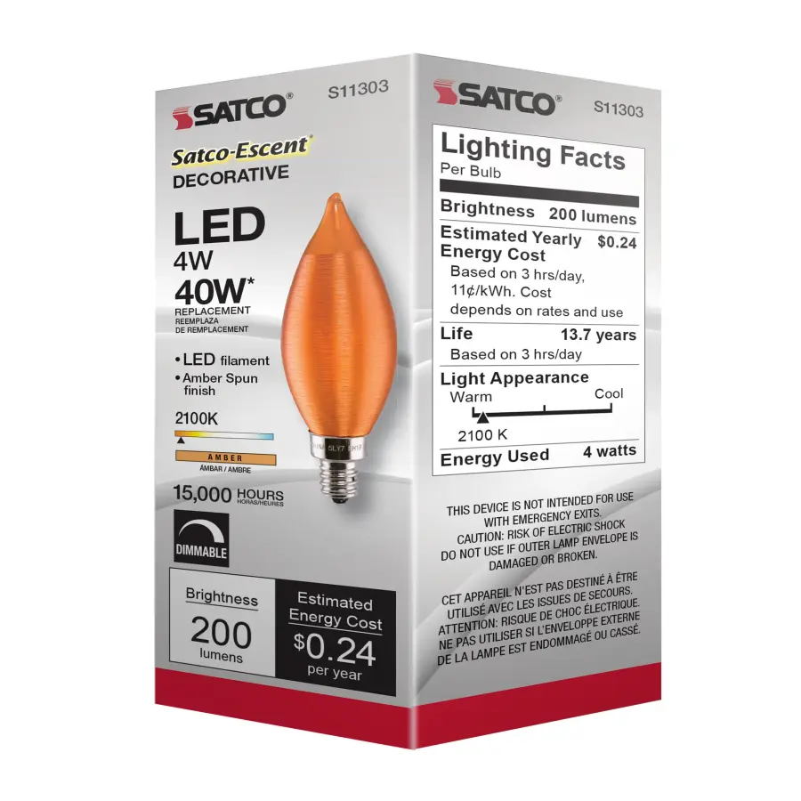 4 Watt CA11 LED Filament - Satin Spun Amber - Candelabra base - 2100K - 120 Volt - Image 12