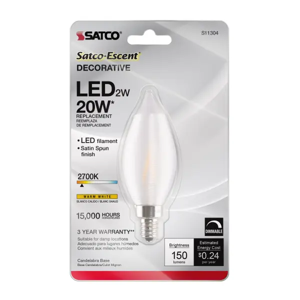 2 Watt CA11 LED Filament - Satin Spun Clear - Candelabra base - 2700K - 120 Volt - Carded - Image 5
