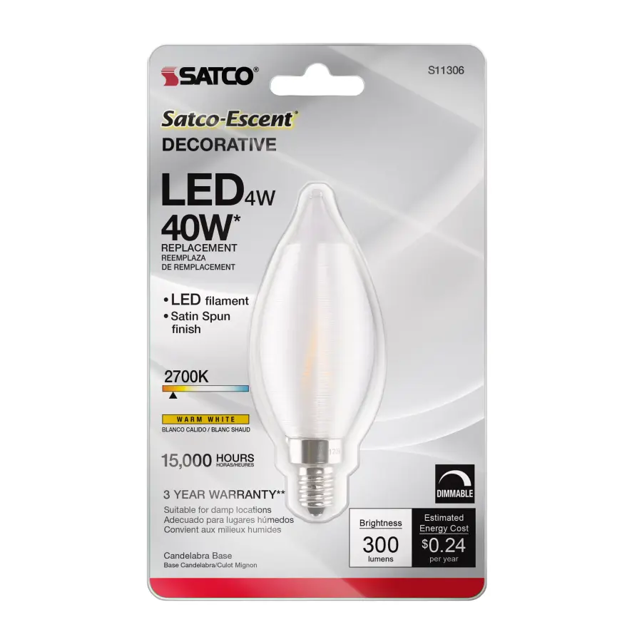 4 Watt CA11 LED Filament - Satin Spun Clear - Candelabra base - 2700K - 120 Volt - Carded - Image 5