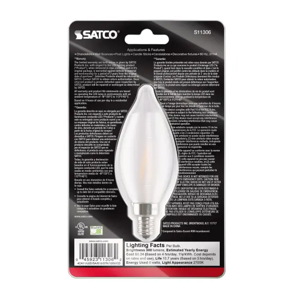 4 Watt CA11 LED Filament - Satin Spun Clear - Candelabra base - 2700K - 120 Volt - Carded - Image 6
