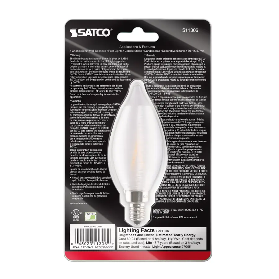4 Watt CA11 LED Filament - Satin Spun Clear - Candelabra base - 2700K - 120 Volt - Carded - Image 6