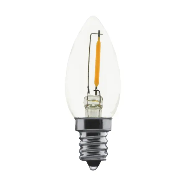 Satco's 0.7-watt LED lamp is the ideal lamp choice for night lights, candle lights, and decorative use. The bulb has a 360 degree beam spread and a candelabra base. This clear bulb is rated for 15,000 hours of warm white light.