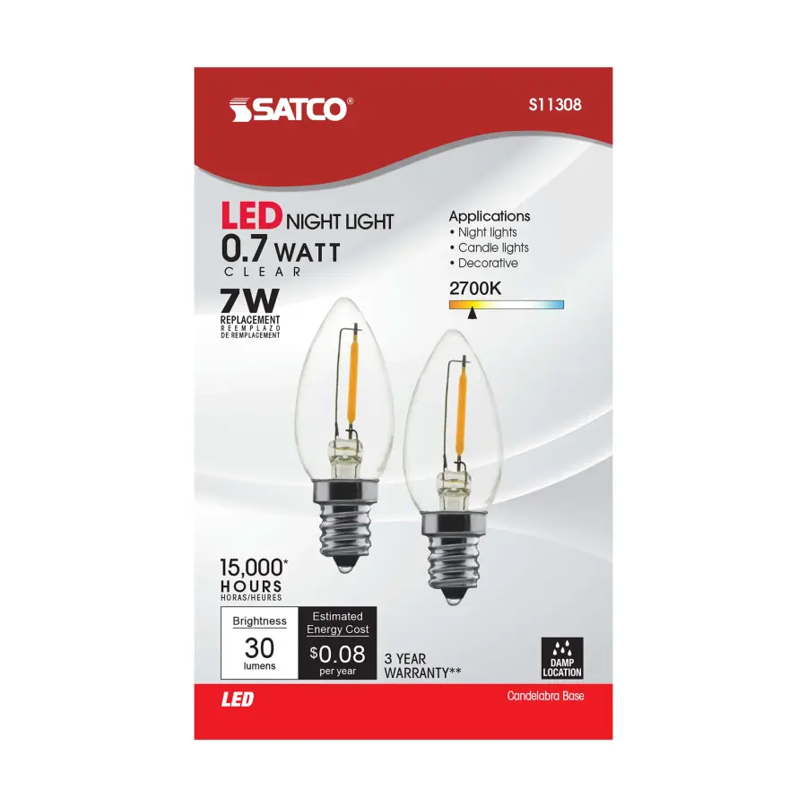0.7 Watt LED Filament - C7 - Clear - 2700K - Candelabra base - 120 Volt - Carded 2 Pack - Image 4