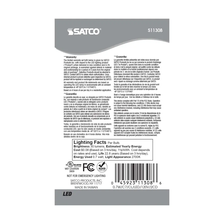 0.7 Watt LED Filament - C7 - Clear - 2700K - Candelabra base - 120 Volt - Carded 2 Pack - Image 5