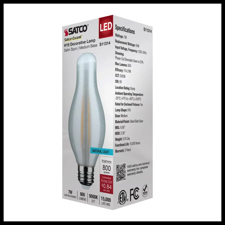 7 Watt H19 LED Filament - 5000K CCT - Medium Base - Satin Spun Finish - 120 Volt - Image 8