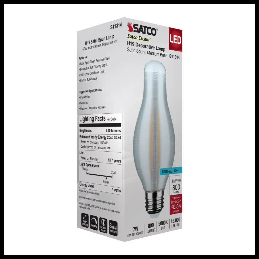7 Watt H19 LED Filament - 5000K CCT - Medium Base - Satin Spun Finish - 120 Volt - Image 9