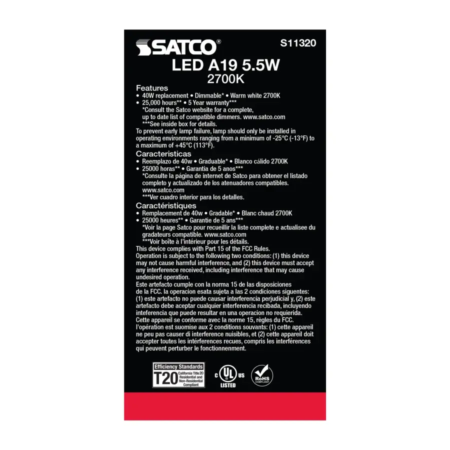 5.5 Watt - A19 LED - 2700K - Medium base - 220 deg. Beam Angle - 120 Volt - Image 5