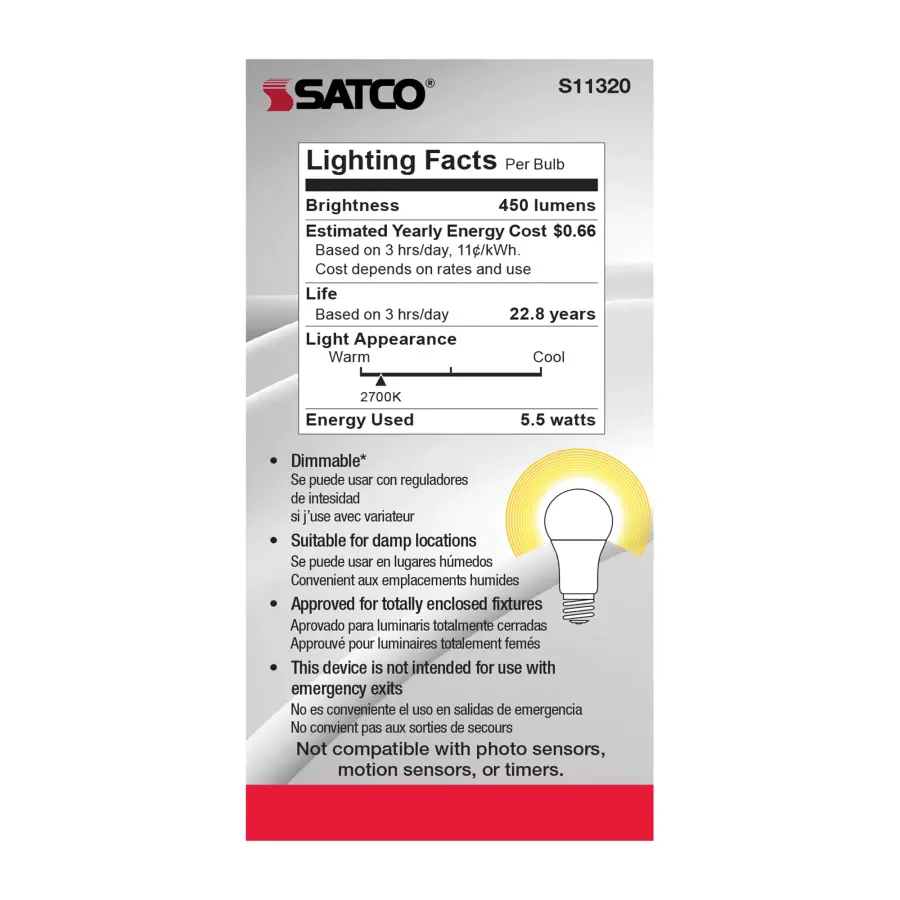 5.5 Watt - A19 LED - 2700K - Medium base - 220 deg. Beam Angle - 120 Volt - Image 6
