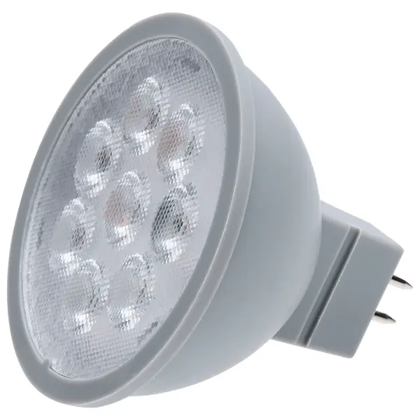 Satco's 24-volt MR16 LED lamp serves as a direct replacement for halogen lamps. These are dimmable and suitable for use with indoor damp locations. The MR16 can be used with downlight fixtures, accent lighting, and pendant lighting.