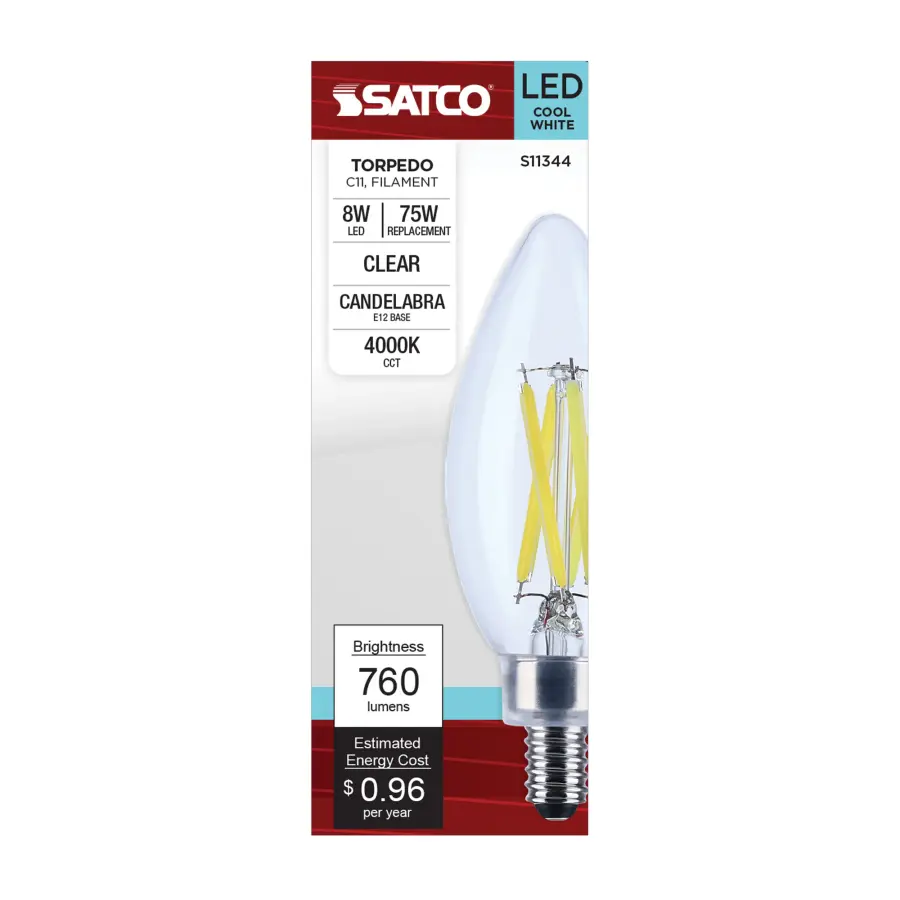8 Watt C11 LED Filament - Clear Finish - Candelabra Base - 4000K - 90 CRI - 760 Lumens - 120 Volt - Image 3