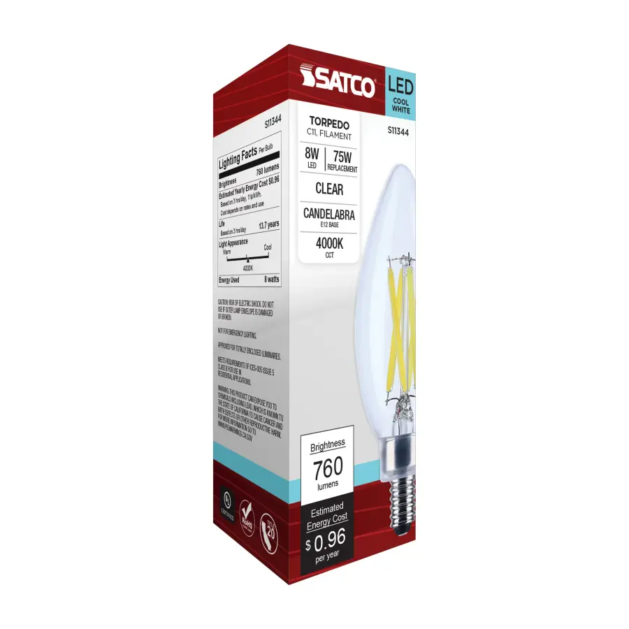 8 Watt C11 LED Filament - Clear Finish - Candelabra Base - 4000K - 90 CRI - 760 Lumens - 120 Volt - Image 7