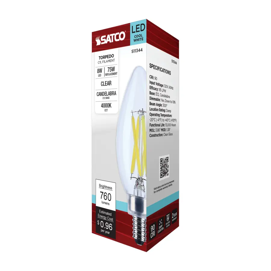 8 Watt C11 LED Filament - Clear Finish - Candelabra Base - 4000K - 90 CRI - 760 Lumens - 120 Volt - Image 8