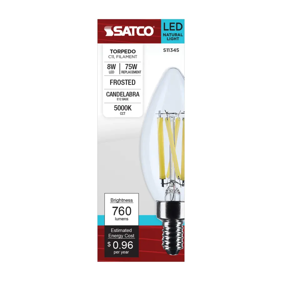 8 Watt C11 LED Filament - Clear Finish - Candelabra Base - 5000K - 90 CRI - 800 Lumens - 120 Volt - Image 3