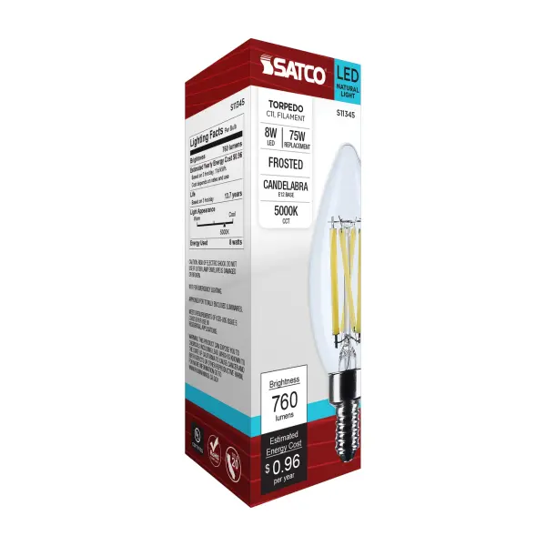 8 Watt C11 LED Filament - Clear Finish - Candelabra Base - 5000K - 90 CRI - 800 Lumens - 120 Volt - Image 7