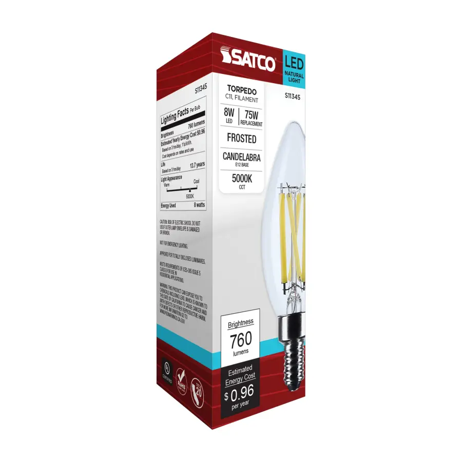 8 Watt C11 LED Filament - Clear Finish - Candelabra Base - 5000K - 90 CRI - 800 Lumens - 120 Volt - Image 7