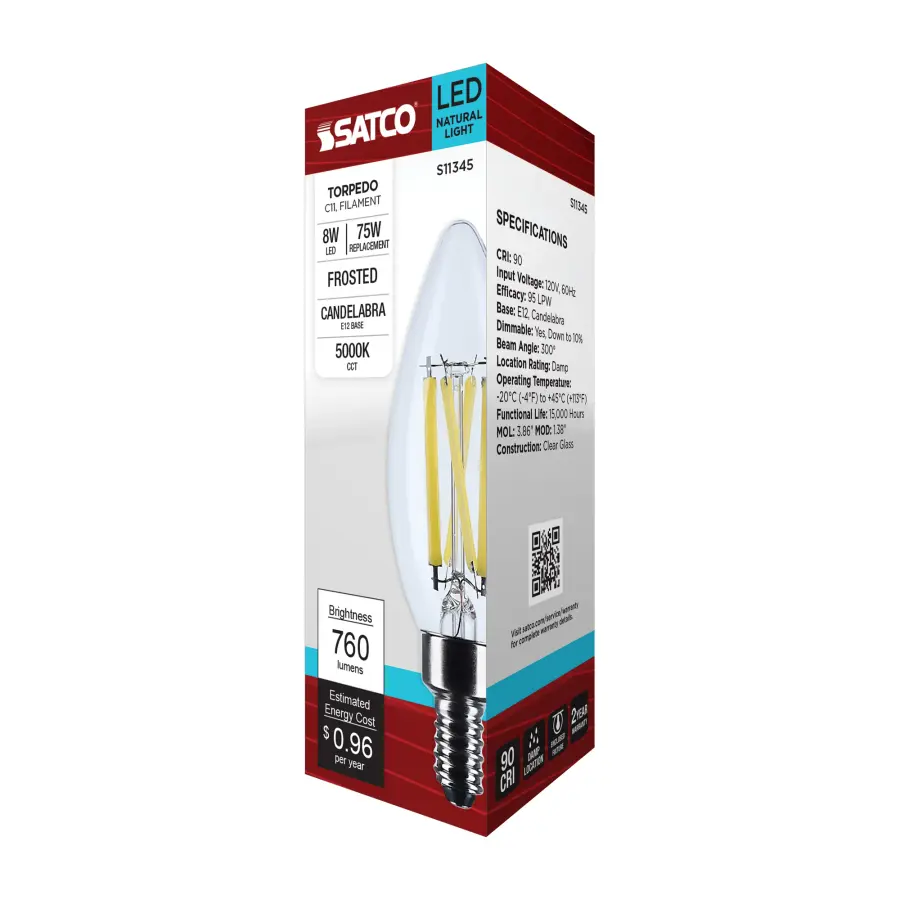 8 Watt C11 LED Filament - Clear Finish - Candelabra Base - 5000K - 90 CRI - 800 Lumens - 120 Volt - Image 8