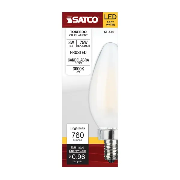 8 Watt C11 LED Filament - Frosted Finish - Candelabra Base - 3000K - 90 CRI - 800 Lumens - 120 Volt - Image 3