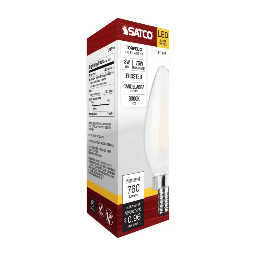 8 Watt C11 LED Filament - Frosted Finish - Candelabra Base - 3000K - 90 CRI - 800 Lumens - 120 Volt - Image 7