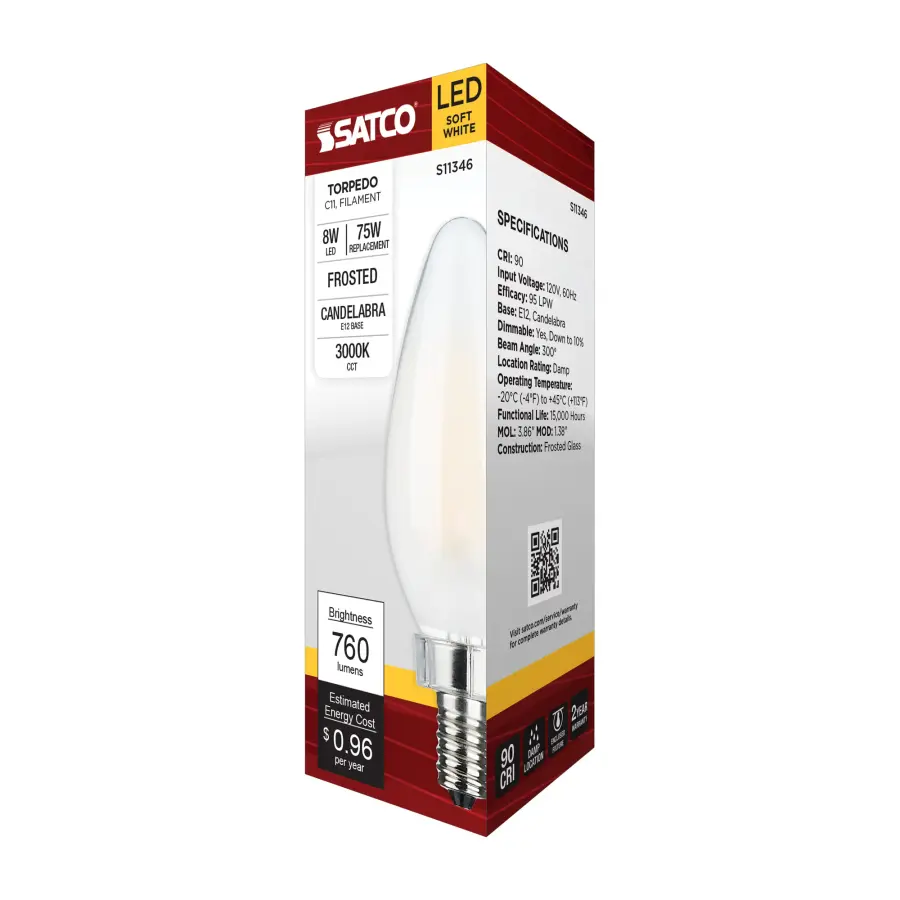 8 Watt C11 LED Filament - Frosted Finish - Candelabra Base - 3000K - 90 CRI - 800 Lumens - 120 Volt - Image 8