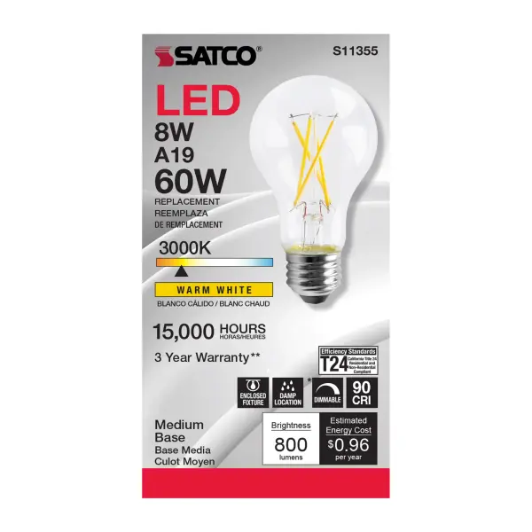 Satco's 8-watt LED bulb is an elegant and traditional lighting solution for the home. Illuminate dining rooms, living rooms, and office spaces with this dimmable, clear bulb. Featuring a beam spread of 320 degrees, this bulb delivers 15,000 hours of warm white light. - alternate view