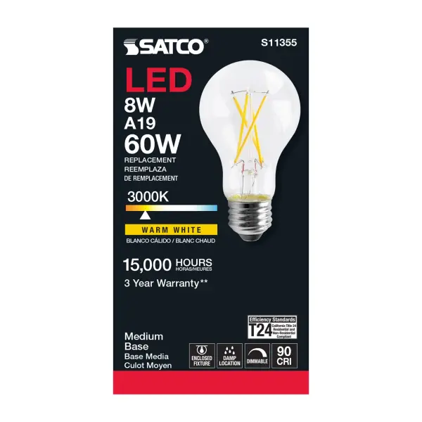 8 Watt - A19 LED Filament - Clear - 3000K - Medium base - 120 Volt - Image 3