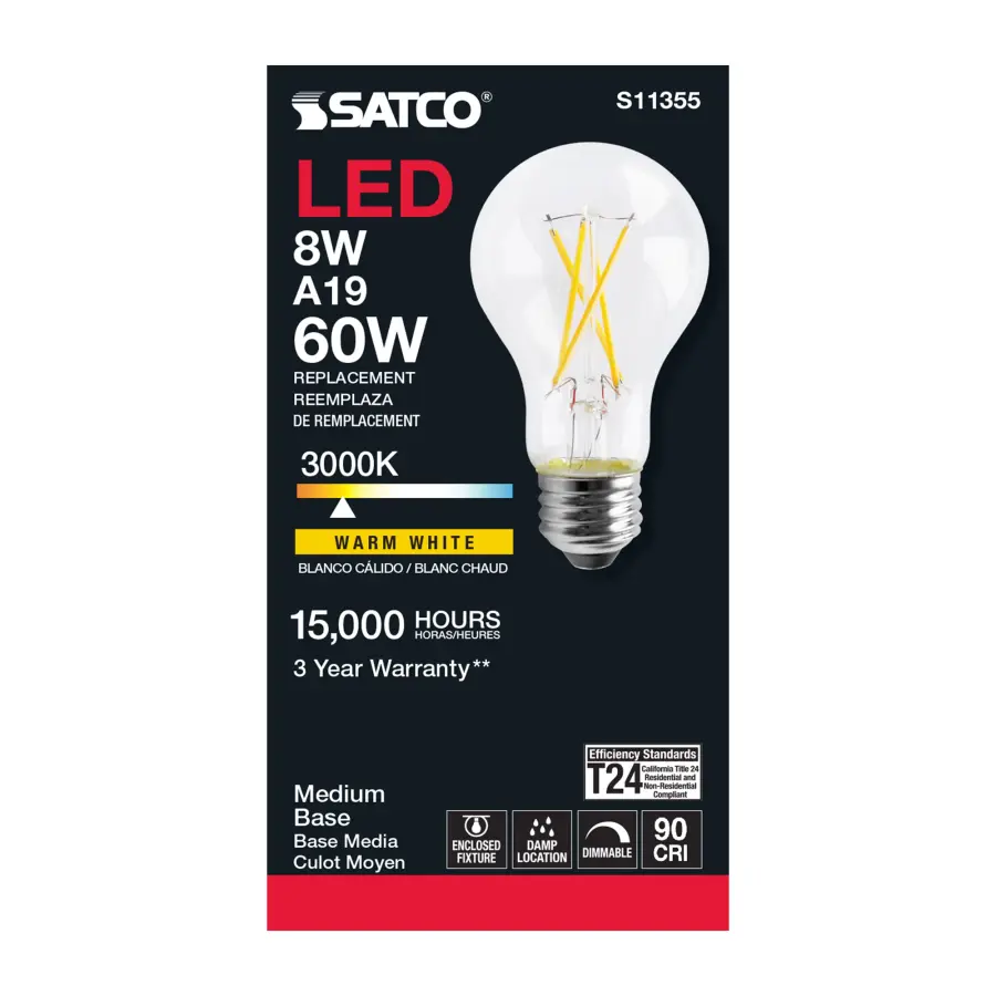 8 Watt - A19 LED Filament - Clear - 3000K - Medium base - 120 Volt - Image 3