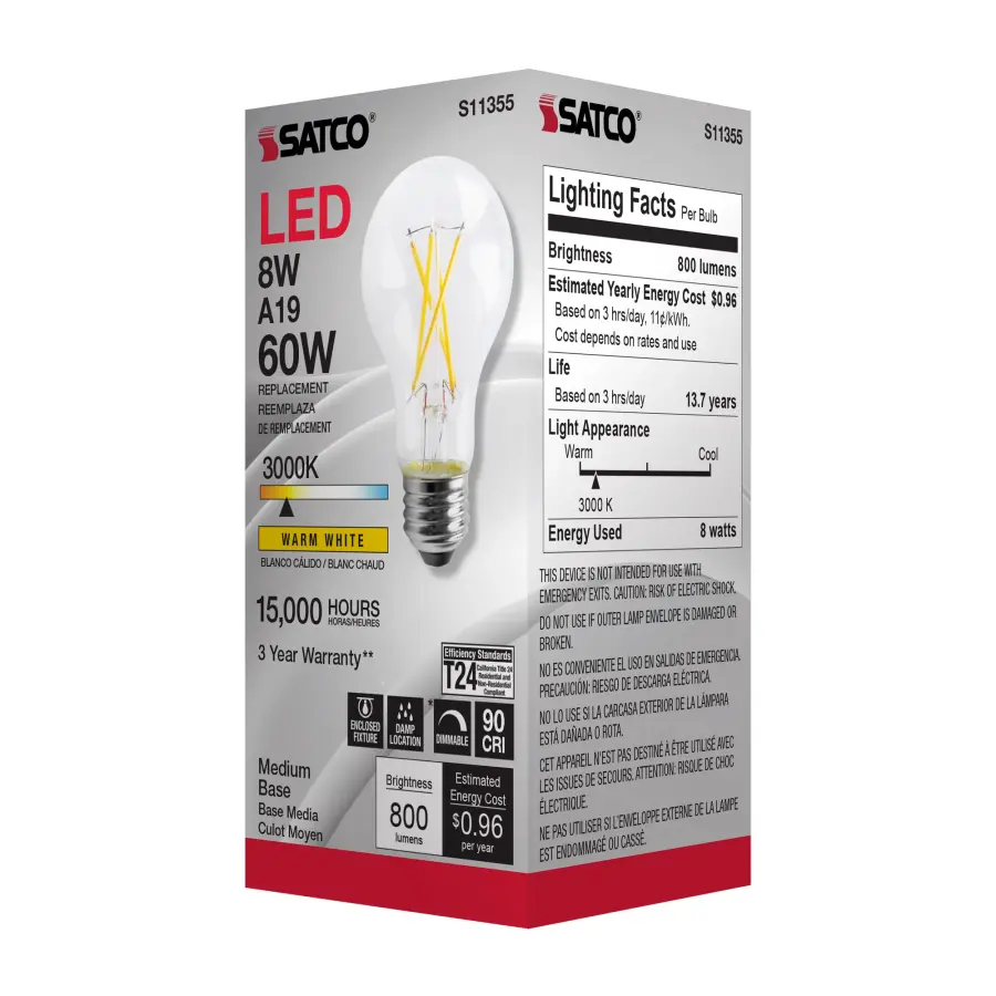 8 Watt - A19 LED Filament - Clear - 3000K - Medium base - 120 Volt - Image 6