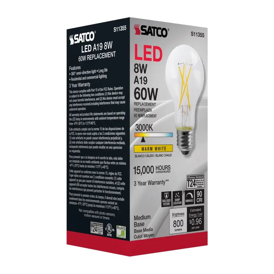 8 Watt - A19 LED Filament - Clear - 3000K - Medium base - 120 Volt - Image 7