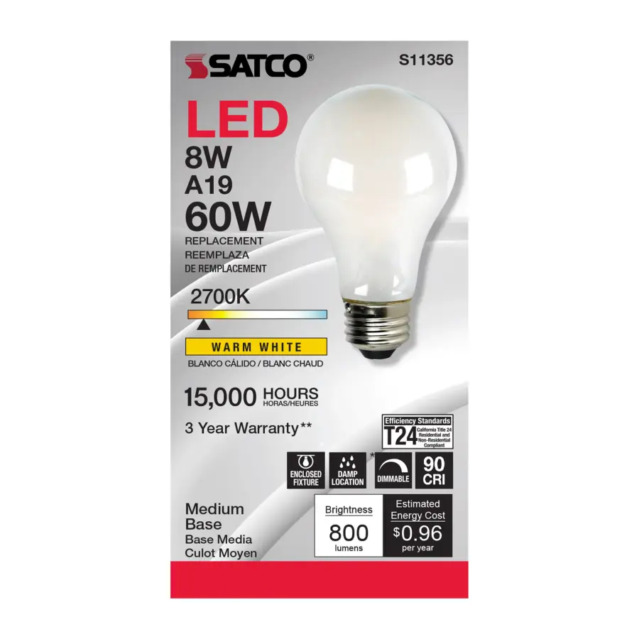 8 Watt - A19 LED Filament - Soft White - 2700K - Medium base - 120 Volt - Image 2