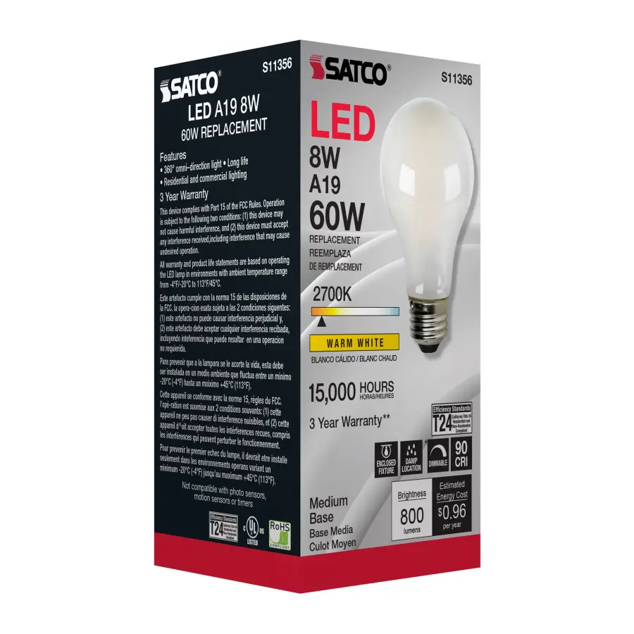 8 Watt - A19 LED Filament - Soft White - 2700K - Medium base - 120 Volt - Image 7