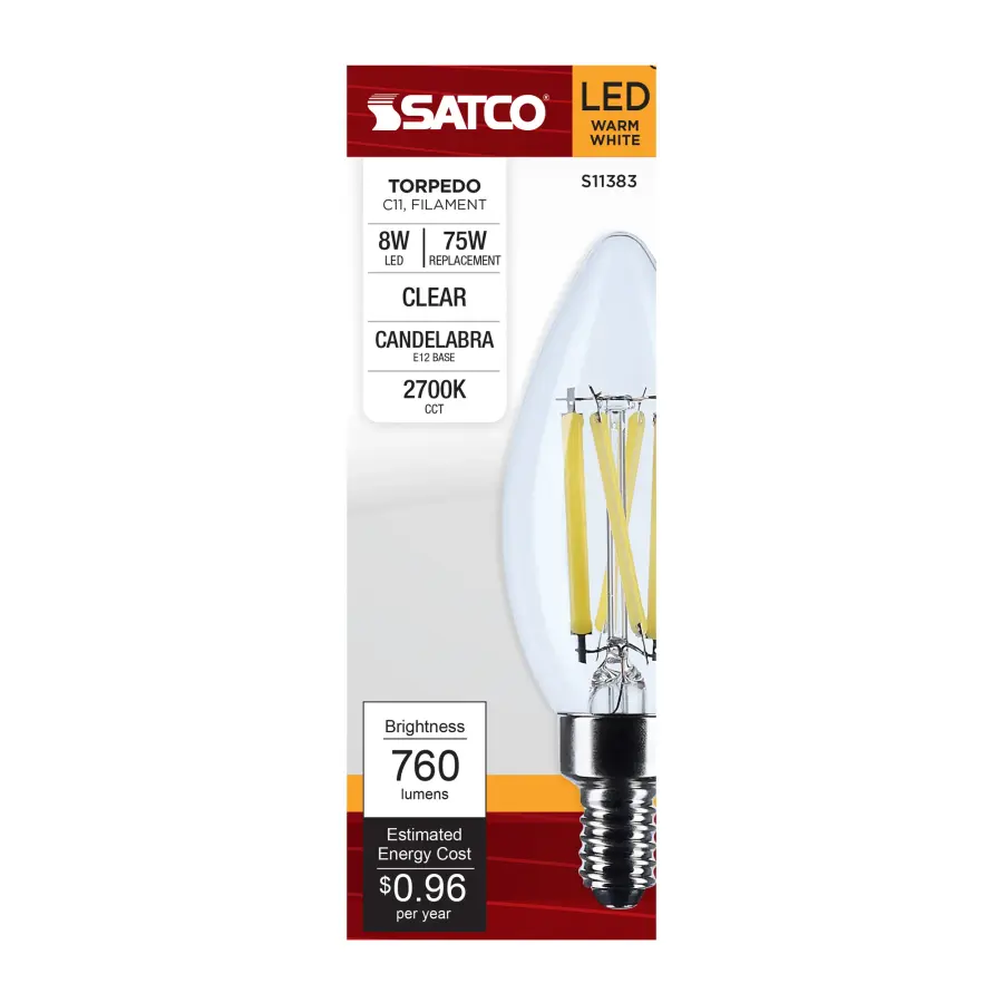 8 Watt C11 LED Filament - Clear - Candelabra base - 2700K - 90 CRI - 760 Lumens - 120 Volt - Image 2