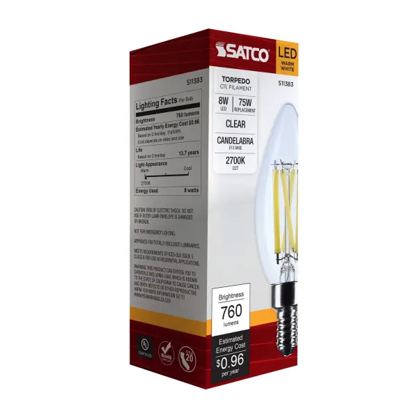 8 Watt C11 LED Filament - Clear - Candelabra base - 2700K - 90 CRI - 760 Lumens - 120 Volt - Image 6