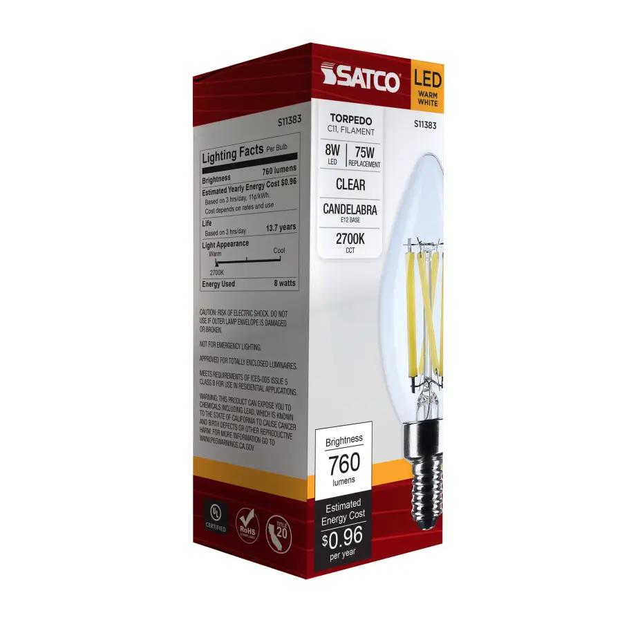 8 Watt C11 LED Filament - Clear - Candelabra base - 2700K - 90 CRI - 760 Lumens - 120 Volt - Image 6