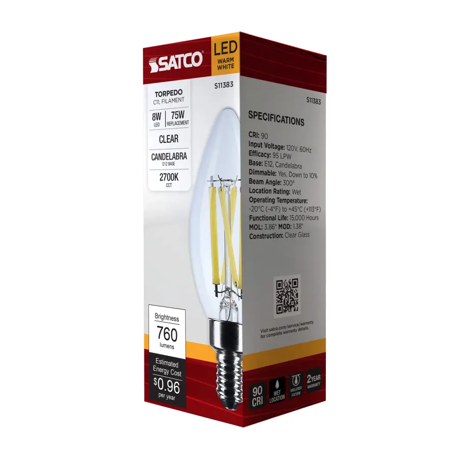 8 Watt C11 LED Filament - Clear - Candelabra base - 2700K - 90 CRI - 760 Lumens - 120 Volt - Image 7