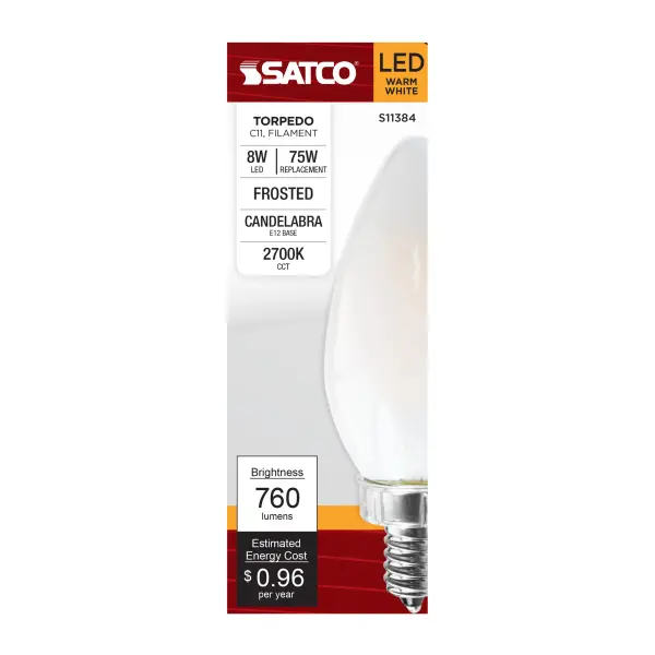 Satco's 8-watt LED bulb is an elegant lighting solution for the home. Perfect for chandeliers, use this dimmable lamp to illuminate living rooms, dining rooms, or anywhere else where a traditional look will complement decorative needs. The bulb has a beam spread of 300 degrees, and delivers 15,000 hours of warm white light. - alternate view