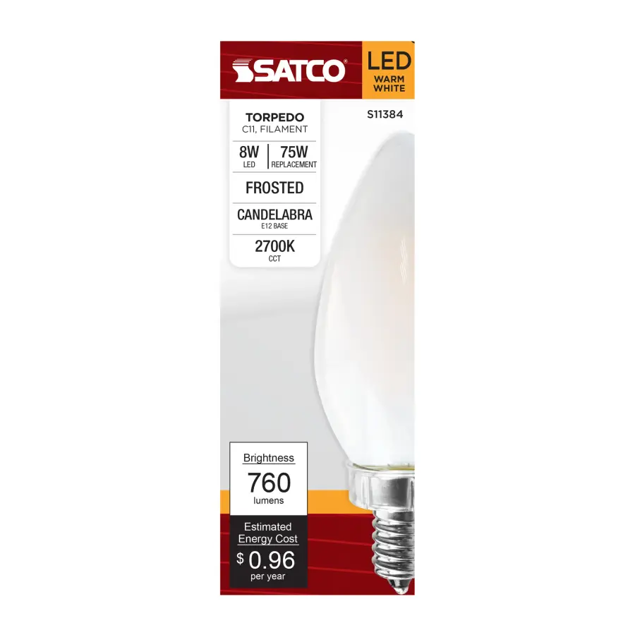 8 Watt C11 LED Filament - Frosted - Candelabra base - 2700K - 90 CRI - 760 Lumens - 120 Volt - Image 2