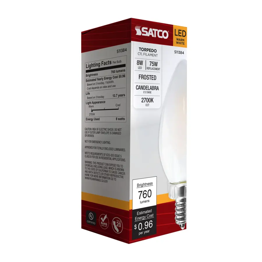8 Watt C11 LED Filament - Frosted - Candelabra base - 2700K - 90 CRI - 760 Lumens - 120 Volt - Image 6