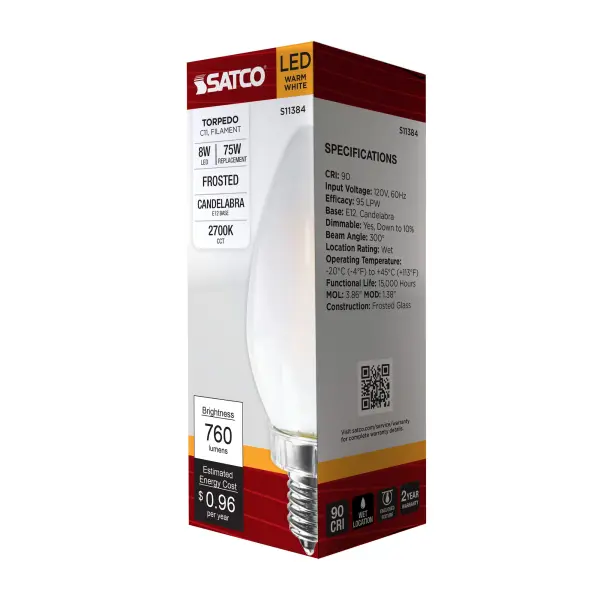 8 Watt C11 LED Filament - Frosted - Candelabra base - 2700K - 90 CRI - 760 Lumens - 120 Volt - Image 7