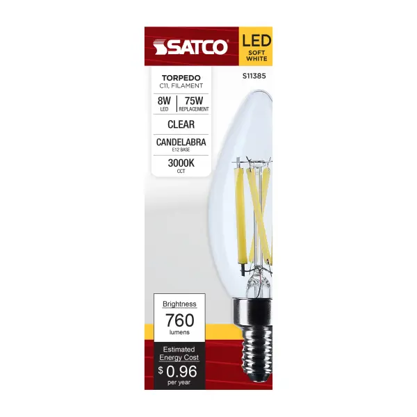 Satco's 8-watt LED bulb is an elegant lighting solution for the home. Perfect for chandeliers, use this dimmable lamp to illuminate living rooms, dining rooms, or anywhere else where a traditional look will complement decorative needs. The bulb has a beam spread of 300 degrees, and delivers 15,000 hours of soft white light. - alternate view