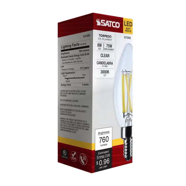 8 Watt C11 LED Filament - Clear - Candelabra base - 3000K - 90 CRI - 760 Lumens - 120 Volt - Image 6