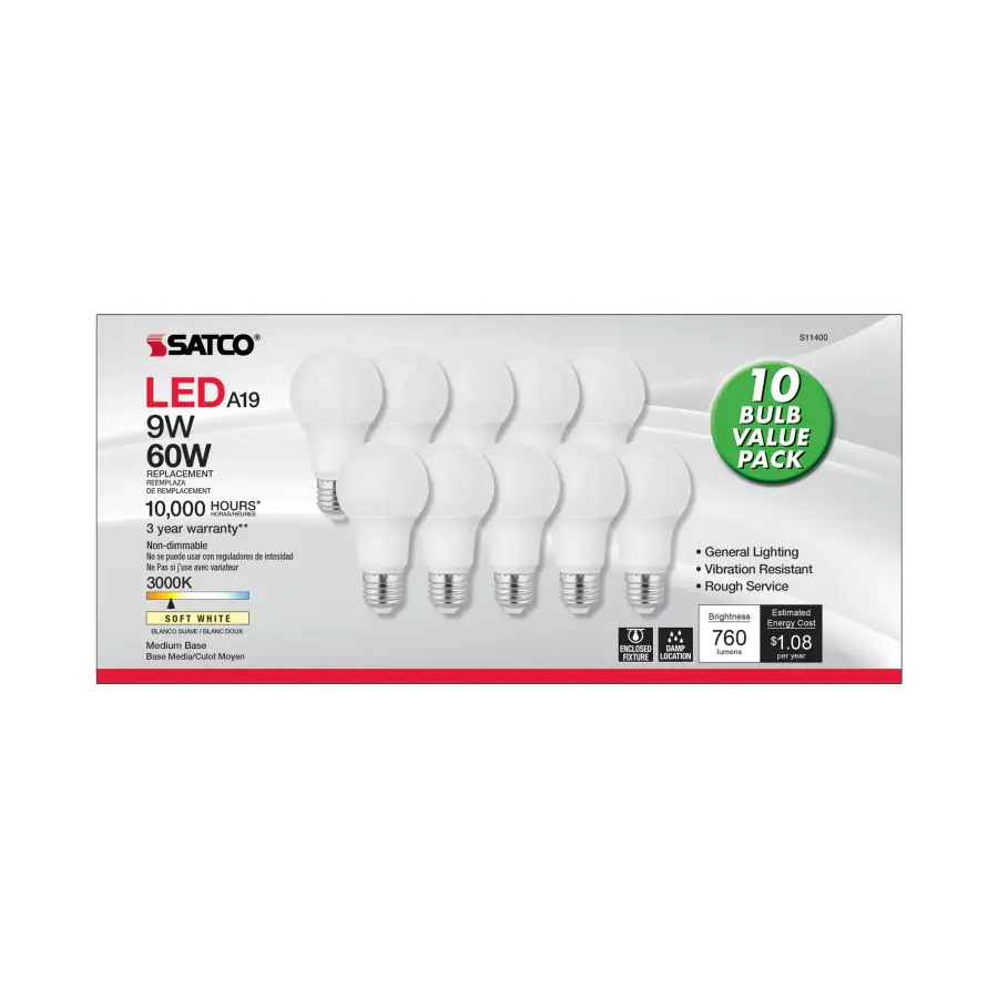 9 Watt A19 LED - 3000K - Medium base - 220 deg. Beam Angle - 10-Pack - Image 2