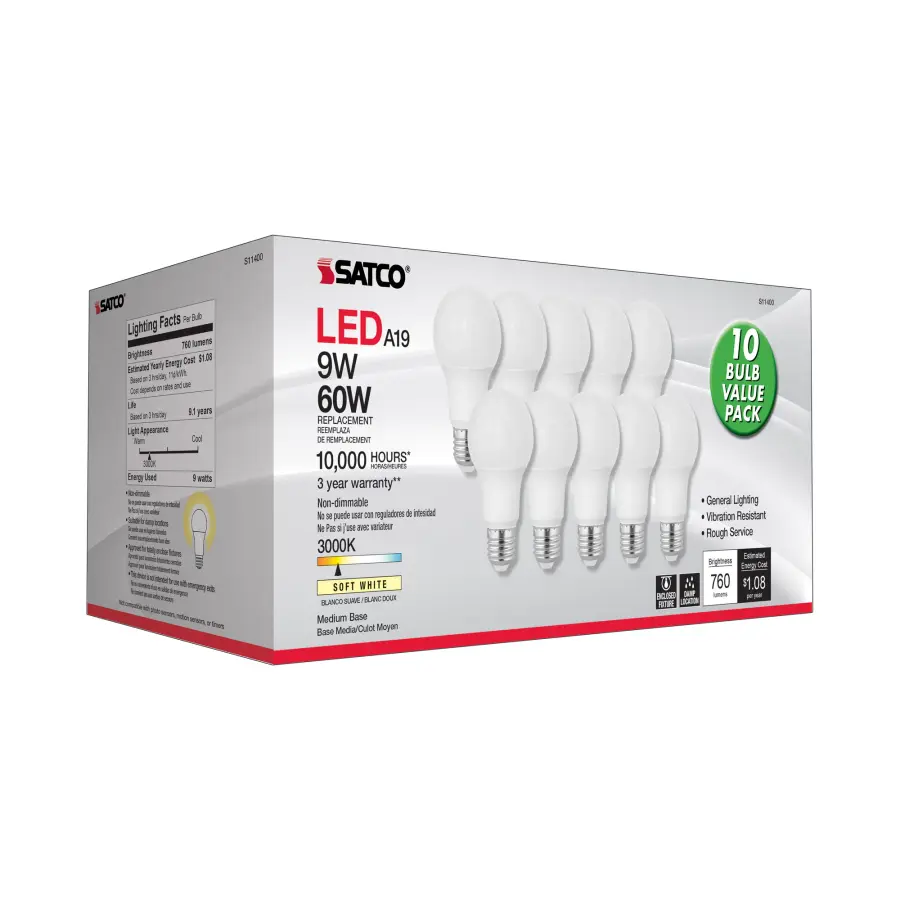 9 Watt A19 LED - 3000K - Medium base - 220 deg. Beam Angle - 10-Pack - Image 6