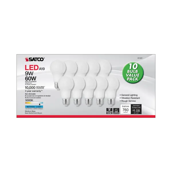 Satco's 9-watt LED frosted bulb features natural light and a 220 degree beam spread. Illuminate living rooms, dining rooms, and office spaces with this sleek, long-lasting bulb. The bulb's medium base fits all standard lamps and fixtures and delivers exceptional illumination to your room. Available in a 10-pack. - alternate view