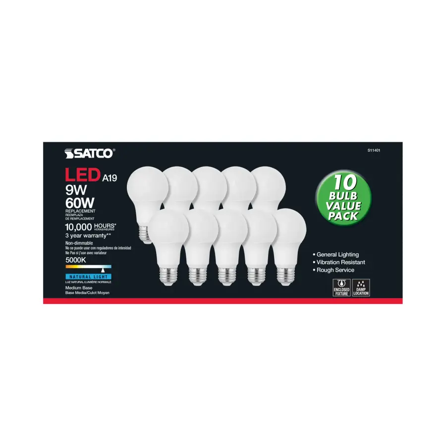 9 Watt A19 LED - 5000K - Medium base - 220 deg. Beam Angle - 10-Pack - Image 3