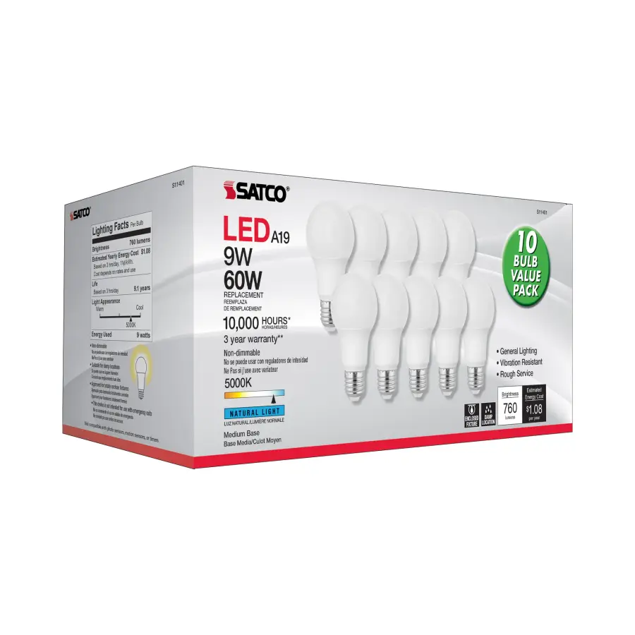 9 Watt A19 LED - 5000K - Medium base - 220 deg. Beam Angle - 10-Pack - Image 6