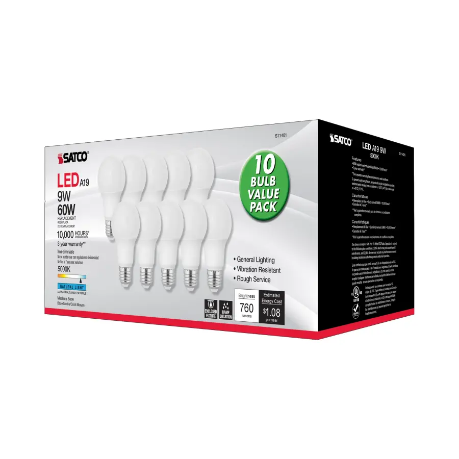 9 Watt A19 LED - 5000K - Medium base - 220 deg. Beam Angle - 10-Pack - Image 7