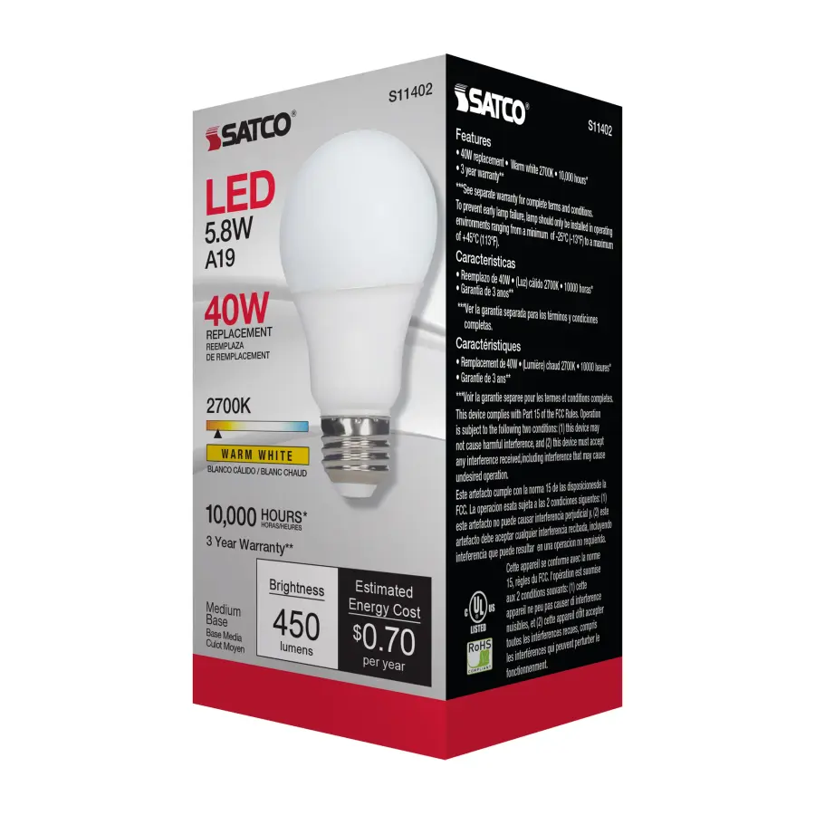 5.8 Watt - A19 LED - 2700K - Medium base - 220 deg. Beam Angle -120 Volt - Image 6