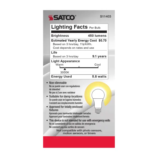 5.8 Watt - A19 LED - 3000K - Medium base - 220 deg. Beam Angle -120 Volt - Image 5